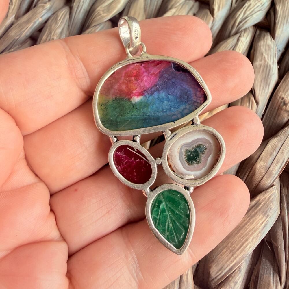 Rainbow Solar Quartz Ruby Agate 925 Silver Plated Pendant - Picture 8 of 8